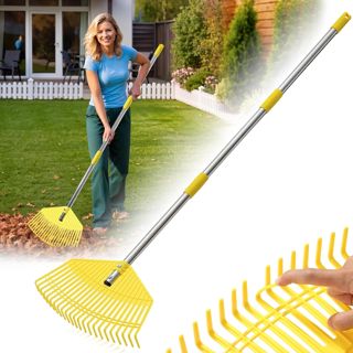 Râteau à feuilles de jardin avec manche de 190 cm, 23 dents solides en plastique, tête d'arbuste, râteau à feuilles 42 cm de large, râteau de jardin pour pelouse, feuillage, jaune