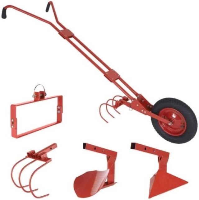 TERRE JARDIN - Cultivateur a Roue, 40 cm Diamètre - Cultivateur de Jardin, 4 en 1 - Cultivateur Manuel, avec Sarcloir, Butoir, Griffe, Soc de Charrue - Houe Maraîchère, Efficace et Robuste
