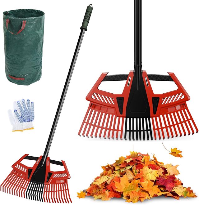 Râteau à Feuilles réglable 3 en 1 avec Manche 185cm, Balai éventail, râteau de Jardin avec Gants et Sac à Feuilles, râteau pour Nettoyer Plantes, pelouse et Cour