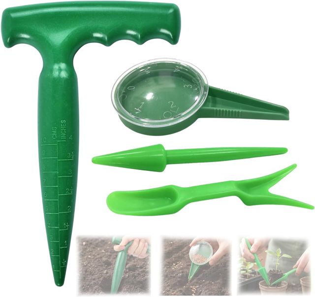 4 outils jardinage, plantoir + semoir + 2 transplanteurs, T ergonomique