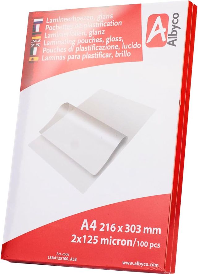 100x Albyco Pochettes de Plastification -A4 (216x303mm) -Ép. 2x125 (250) µm