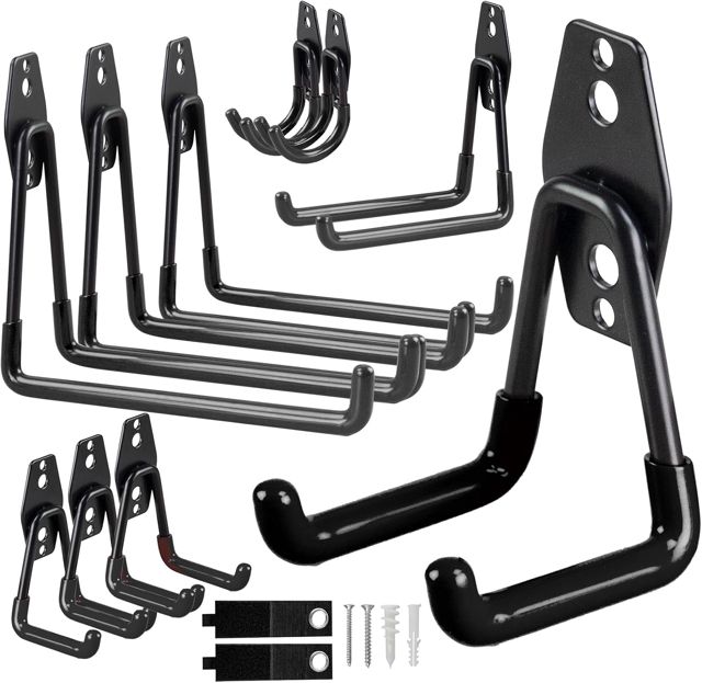 Lot de 12 Crochets de Garage Ultra Résistants pour Mur – Rangement de Vélo, Organisateur d'Outils, Rangement pour Abri et Fourgon, Crochets Muraux en Acier pour Outils de Jardin et Échelles