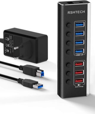 RSHTECH Aluminium Hub USB 3.0 Alimenté à 7 Ports avec, RSH-A37