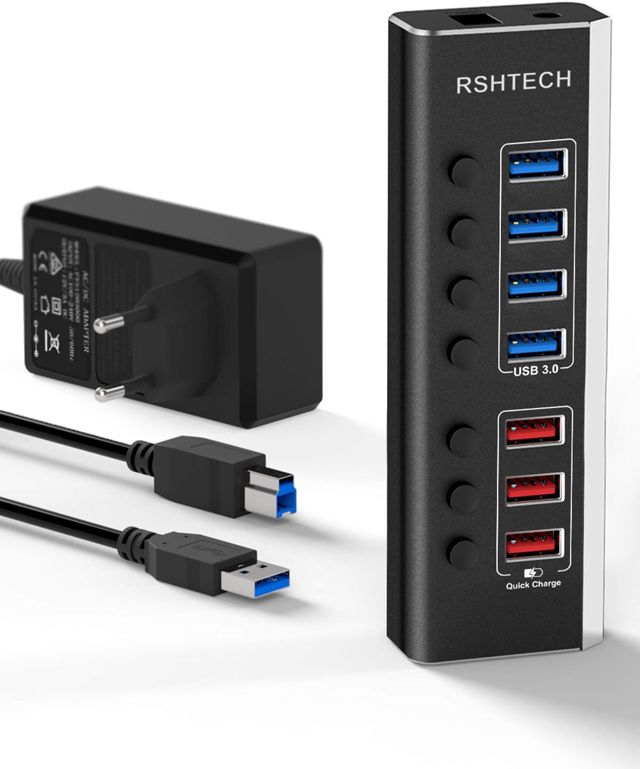 RSHTECH Aluminium Hub USB 3.0 Alimenté à 7 Ports avec, RSH-A37