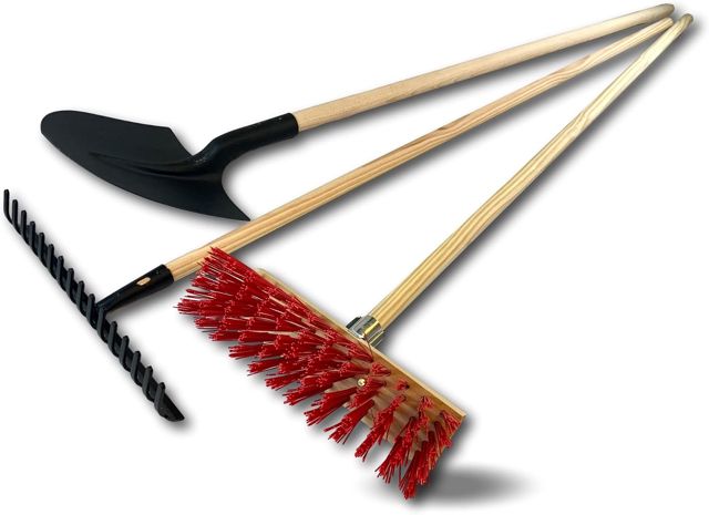 Ensemble rateau + Pelle maçon + Balai cantonnier PVC 32 cm | Manches Bois | Ratisser Nettoyer Charger déplacer | Sable graviers Terre | Jardinage Maçonnerie TP | Kibros RTPL32KIT