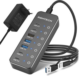 RSHTECH 7 Port Hub USB Alimenté, Alimentation DC 5V USB C Hub, RSH-ST07C-4