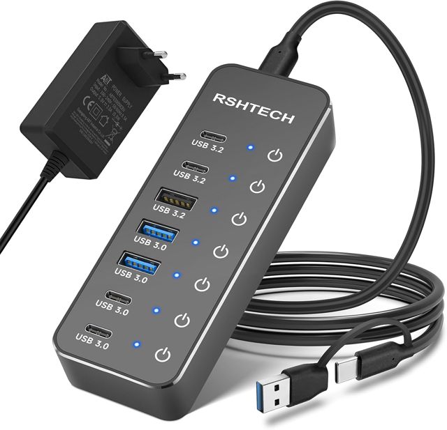 RSHTECH 7 Port Hub USB Alimenté, Alimentation DC 5V USB C Hub, RSH-ST07C-4