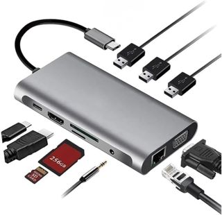 HUB USB C, Adaptateur 10 en 1 avec 4K-HDMI, VGA, USB 3.0, Type C, Port PD, Ethernet RJ45 gigabit, Lecture Carte SD/TF, AUX 3,5 mm Audio, Compatible avec MacBook Pro/Air, Plus de Périphériques Type C