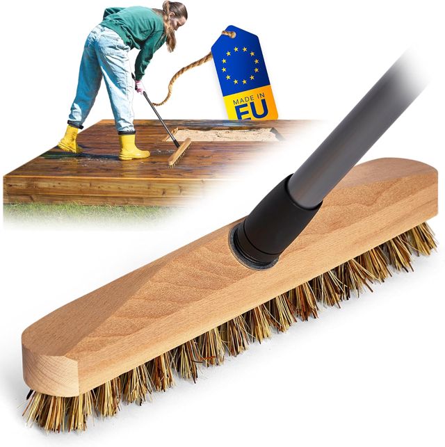 Novaliv Balai en bois avec poils | Balai avec filetage et tige télescopique | Brosse à récurer Union | Brosse à sol | Brosse de sol | Idéal pour nettoyer balcon, terrasse, jardin, intérieur et