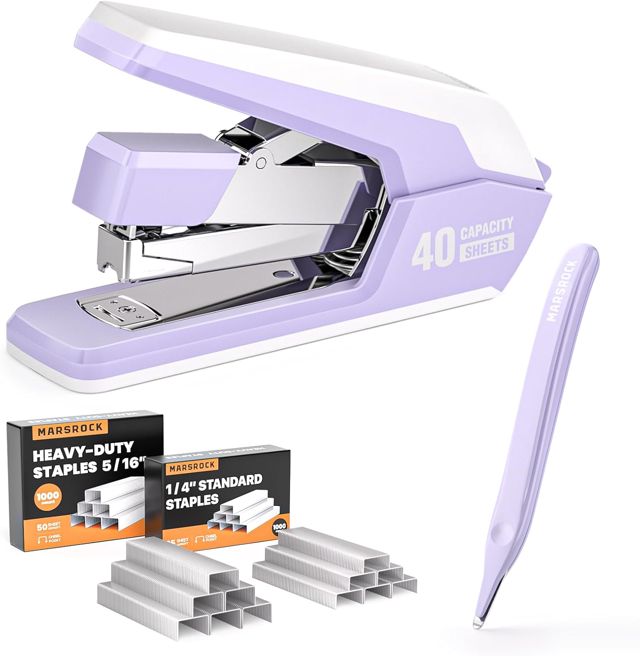 Marsrock Agrafeuse de Bureau Lourd Sans Effort, Capacité 40 Feuilles, Agrafage à 1 Doigt, Ergonomique et Facile à Charger, Comprend 2000 Agrafes et un Dissolvant D'agrafes Magnétique, Noir