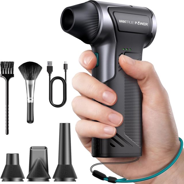 VANTRUE POWER T150 Mini Souffleur sans Fil Puissant, Souffleur Air Comprimé 110 000 tr/min à 3 Vitesses, Soufflette, Batterie Rechargeable, Nettoyage PC/Ordinateur/Clavier/Voiture/Maison