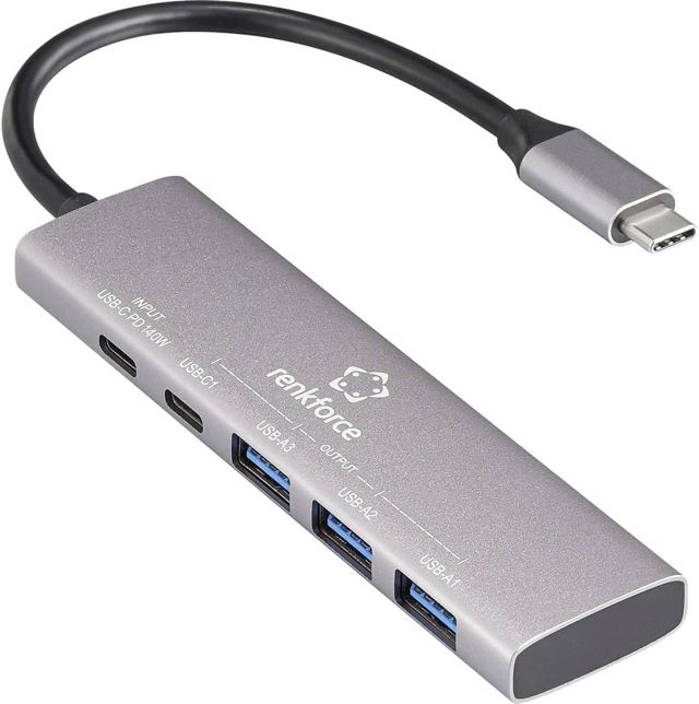 Renkforce RF-6676604 Hub USB 3+1 Ports USB-A, USB-C® USB 3.2 Gen1 5 GBit/s boîtier en Aluminium, Port de Charge USB-C®