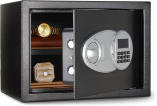 Amazon Basics Coffre-fort en acier avec Serrure à clavier numérique - Pour sécuriser argent, espèces, bijoux, documents d'identité, 14 litres, 35 cm (L) x 25 cm (P) profondeur x 25 cm (H), noir