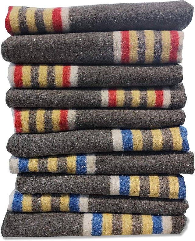 Lot de 10 couvertures de déménagement rayées 150 x 200 cm x 1350 g. 5 bleu jaune + 5 rouge jaune.