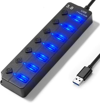 Hoppac Hub USB Multiprise à 7 Ports (1 USB 3.0 6USB 2.0) avec interrupteurs indépendants, voyants LED et câble de 1 m - Multiprise USB Multi Ports Plug & Play pour PC, Ordinateur Portable