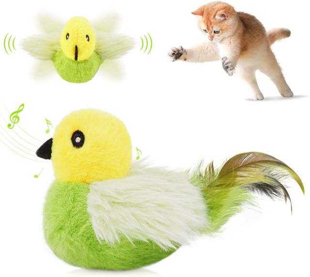 Migipaws Jouet pour Chats Oiseau battant, gazouillis de bécassine Plus Vrai Que Nature, Jouet activé par Le Toucher pour Chats, électrique interactif pour Chaton, avec Herbe à Chat, Rechargeable
