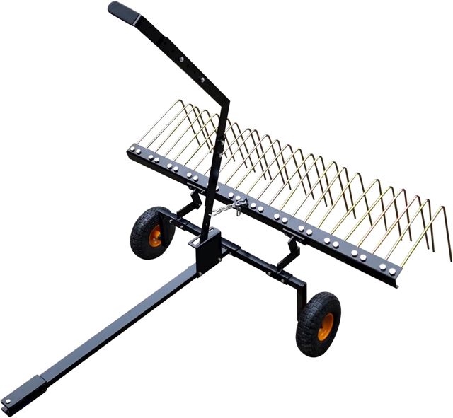 Garvee Scarificateur tracté 60" pour pelouse – 24 Dents Acier Robustes – Idéal Jardin, Ferme, enlève chaume/Feuilles – Convient Tracteur/Tondeuse – Outil Manuel – Couleur Noire