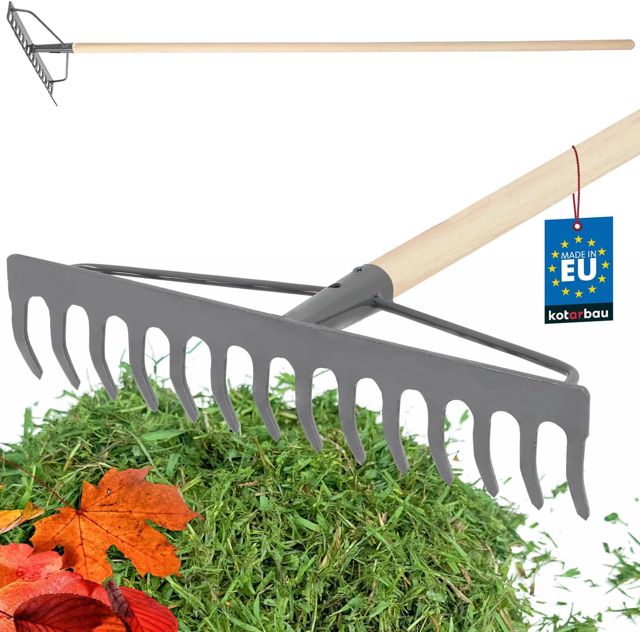 KOTARBAU® Rateau à Feuille - Métal - 46 cm - Râteau Jardin - 18 Dents - avec Manche en Bois - Outil Robuste pour Entretien Gazon Jardinage - Gris & Naturel