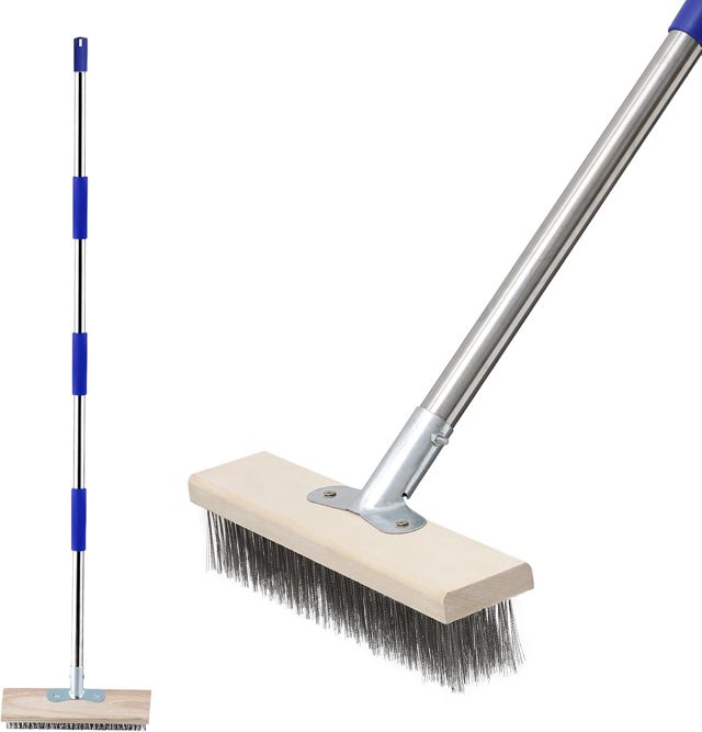 Balai métallique pour enlever la mousse avec manche - 190 cm - Brosse de nettoyage robuste avec long manche pour surfaces rugueuses, sols en béton, terrasse, jardin, garage