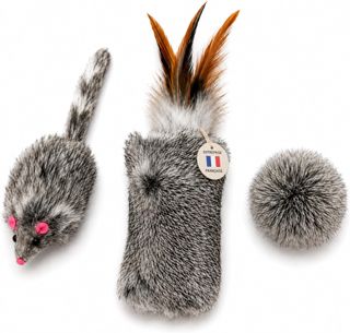 Chatterie DL - Jouet Chat Queue - Véritable Fourrure de Lapin Naturelle – Jouet Interactif – Testé en Chatterie - Fait Main - Bruit Attractif