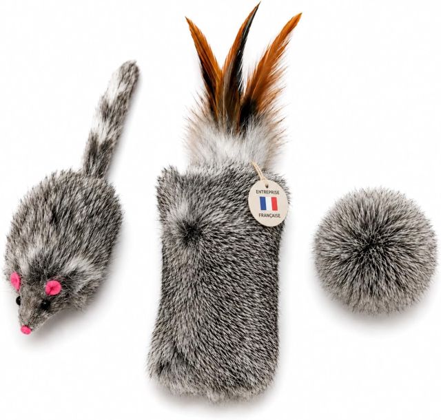 Chatterie DL - Jouet Chat Queue - Véritable Fourrure de Lapin Naturelle – Jouet Interactif – Testé en Chatterie - Fait Main - Bruit Attractif