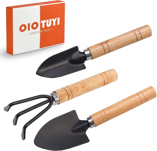 Mini outils de jardin, outils de jardin 3 pièces avec mini pelle et râteau, accessoires pour enfants et plantes d'intérieur, pelles en acier inoxydable pour jardin miniature et plantes bonsaï
