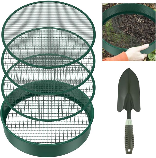 Lot de 6 tamis de jardin ronds de 30 cm avec 4 tamis interchangeables - Tamis à compost en acier inoxydable pour terre, compost, semences - Avec pelle de jardin