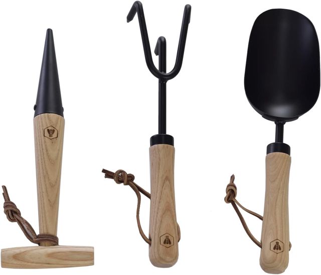 LAGUIOLE, 40269052, Kit 3 Outils de Plantation Noirs et Bois, Outils coupants, Plantoir, Griffe de Jardin, Pelle, Outdoor, Extérieur, Plein Air, Noir