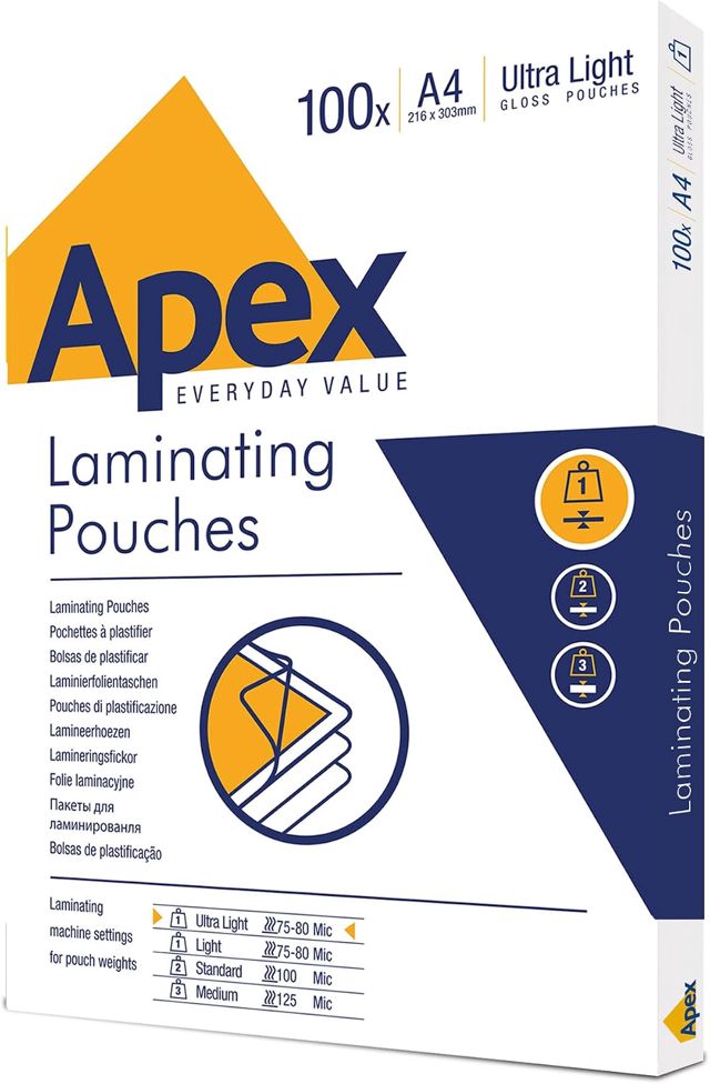 Fellowes pochettes de plastification Apex A4, finition brillante, 100 feuilles - Ultra souple - idéal pour les notices et les photos