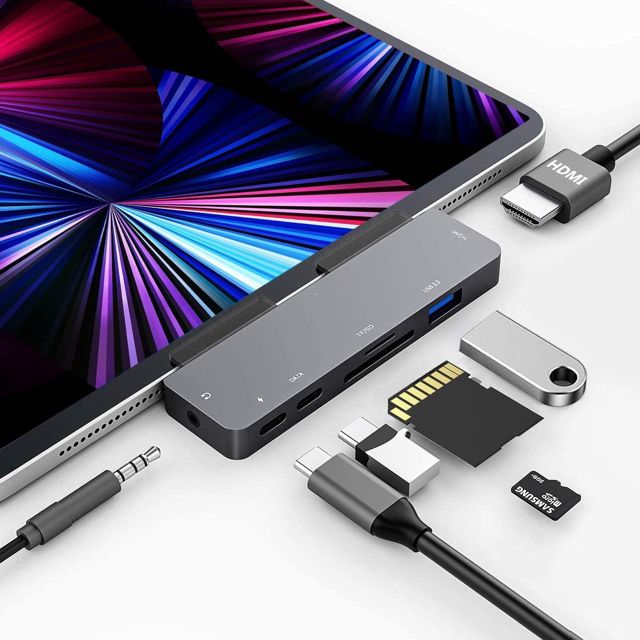 Hub USB C pour iPad Pro M4 M2 M1 2024-2018,7en1 Type C Adaptateur avec HDMI 4K,Prise Casque 3.5mm,Port de Charge USB C PD 60W,Port USB3.0,Slot de Carte SD/TF,USB C Data,iPad Air 4/5,iPad Mini 6