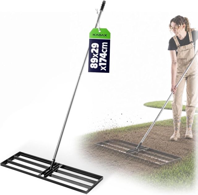 KADAX Raclette à Gazon 89 x 29 cm avec Manche, râteau de nivellement pour l'entretien de la pelouse, râteau de nivellement pour niveler Le Sol, planificateur de pelouse en métal, lisseur de Surface