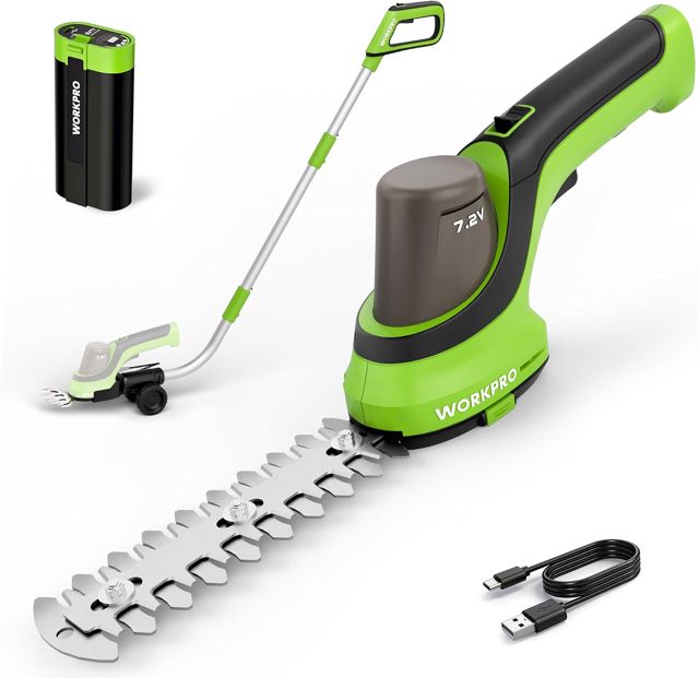 WORKPRO 7,2 V Coupe-Bordures et Taille-Haie, 2 Lames, Manche Télescopique 95 cm avec Roues, Largeur de Coupe 100 mm, Longueur 150 mm, Batterie 2000 mAh, pour Bordures de Gazon et Arbustes