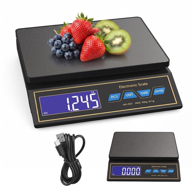 RANJIMA Balance de cuisine numérique en acier inoxydable - 30 kg / 66lbs - 1 g - Pour la restauration - Pour mesurer la viande, les saucisses, le café - Avec écran LCD - Fonction de comptage PCS - 9