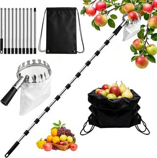 4M Cueille Fruit Telescopique, Ramasse Pomme en Acier Inoxydable, Perche pour Cueillir Les Fruits avec Sac en Tissu, pour Pommes, Poires, Oranges, Pêches et Citrons