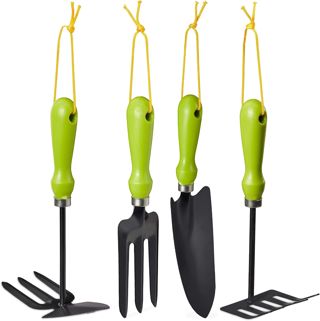 Relaxdays Outillage de Jardin, Jeu de 4 pièces, truelle à Fleurs, serfouettes, Jeu d’Outils pour Plantes, en Fer, Vert