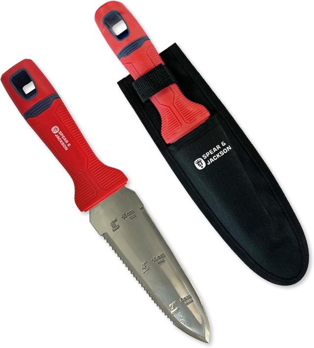 Spear & Jackson 4151HH Couteau Hori Hori - Outil Multifonction – Outil polyvalent en acier inoxydable avec étui et passant de ceinture, bords dentelé et droit, pour planter, désherber et couper