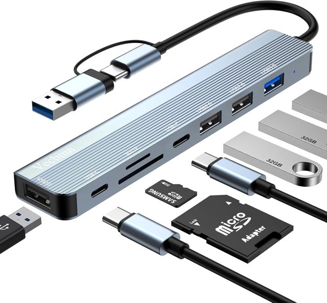 Hub USB C 3.0, 8 en 1 Adaptateur USB C avec USB 3.0, 3 USB 2.0, 2 USB-C, Lecture de Carte SD/TF, Adaptateur Multi Port Type C Compatible avec MacBook Air/Pro, Galaxy, Pad, Dell, XPS, Samsung, Windows