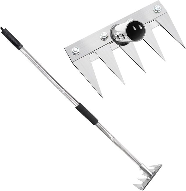 Râteau de Jardin 5 Dents avec Manche Métallique 1,2 m, Outil de Désherbage Manuel, Griffe de Jardin Portable pour Ameublir Le Sol, Désherber et Semer