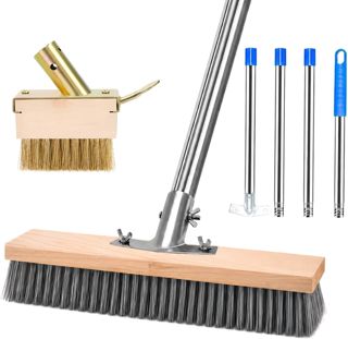 Lot de 2 balais métalliques avec manche - 160 cm - Pour désherbeur de mousse - En acier - 2 têtes de brosse en fil métallique avec grattoir - Robuste - 30 cm - Pour mousse, jardin, terrasse, terrasse