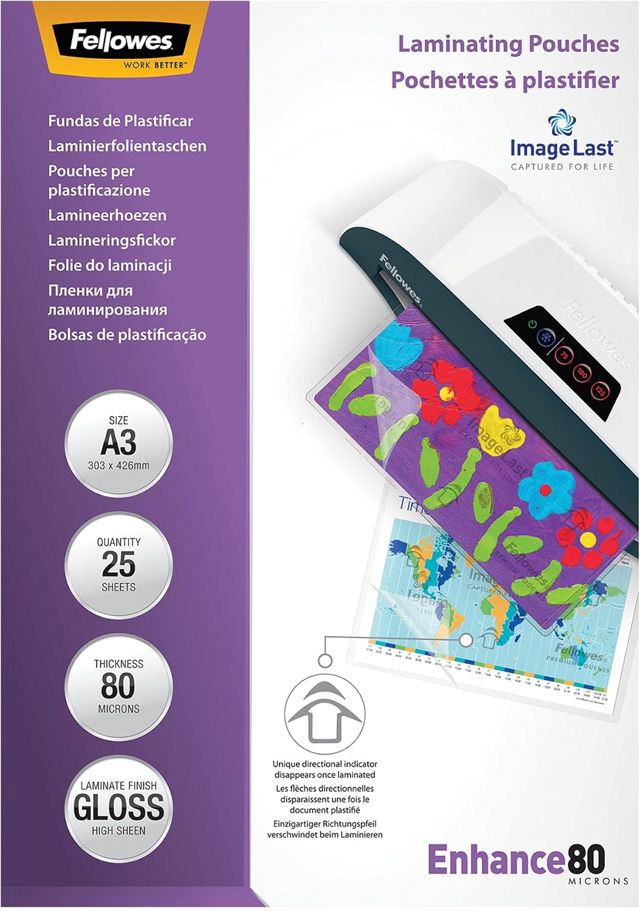 Fellowes Pochette De Plastification 80 Microns Format A3 Pack de 100 Feuilles Plastifieuse A3 Finition Brillante Aspect Haute Qualité Technologie ImageLast Pour Photos Et Notices Enhance 80