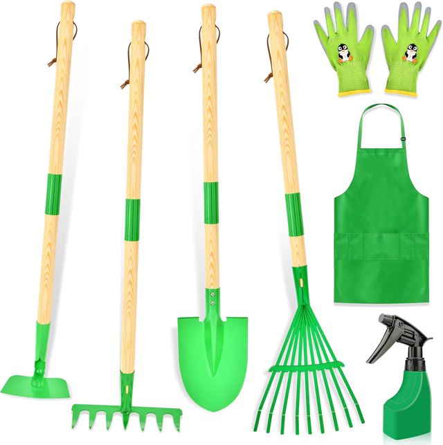 IEEILULU Ensemble d'Outils de Jardinage Enfant, Jouets de Jardinage avec Pelle Gants Tablier Arrosoir, Kit de Jardinage pour Garçons et Filles 3 Ans+ (Vert)