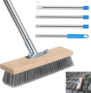 Balai Brosse Metallique avec Manche Long 160cm, Brosse Poils Rigides Extérieur Robuste, Balai Nettoyage Acier Inoxydable pour Mauvaises & Enlever Herbes, Brosse Détartrage pour Béton, Piscine,Terrasse