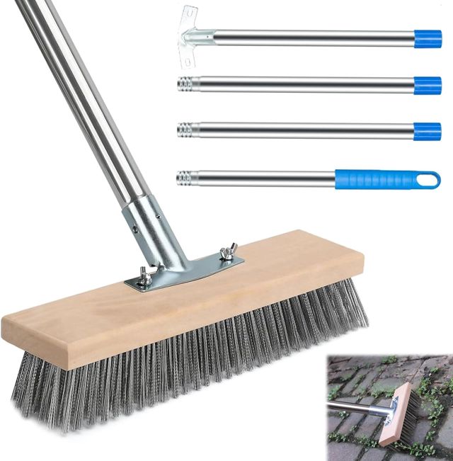 Balai Brosse Metallique avec Manche Long 160cm, Brosse Poils Rigides Extérieur Robuste, Balai Nettoyage Acier Inoxydable pour Mauvaises & Enlever Herbes, Brosse Détartrage pour Béton, Piscine,Terrasse