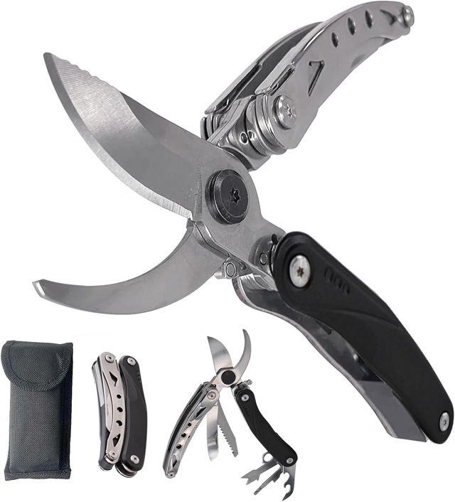 Ciseaux portables multifonctionnels 7 en 1 avec scie, cutter, pelle à écorce, ciseaux de jardin de dérivation en acier inoxydable avec lames verrouillables pour camping en plein air