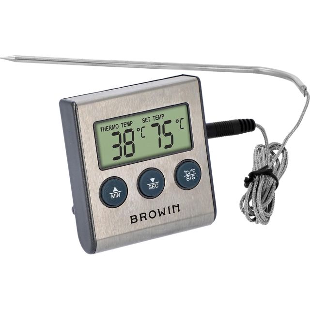 BROWIN®185609 Thermomètre alimentaire avec sonde en acier inoxydable - 1,0 m, 0 à 250°C | Minuteur | alarme | affichage électronique.