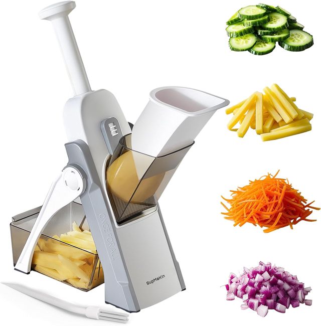 SupMaKin Mandoline de Cuisine Safety Slicer Manuelle Multifonction Tous Coupe Légumes Lame en acier inoxydable, Julienne, Cubes, Fcoupe Patate Frite carotte, Euroshopping - bleu