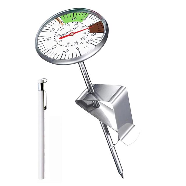 Thermomètre à Lait Barista – Sonde Inox 127mm, Précision ±0,5°C, Cadran 45mm avec Zone Verte 55-68°C pour Mousse Parfaite – Café, Latte, Cappuccino