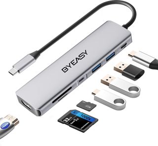 BYEASY USB C Hub, 7 in 1 USB C Splitter avec 4K HDMI, lecteur de cartes SD/TF, 100W Power Delivery, 2ft câble Ultra Slim USB C Adapter Compatible pour ordinateur portable et autres appareils de type C