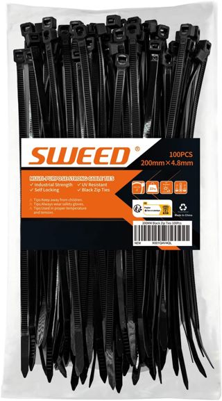 SWEED Serre Cable Plastique 200mm × 4.8mm, 100pcs Collier de Serrage Noir à la Traction 22kg, Résistant au UV Bien Fait DIY Projet, Bricolage, Jardinage