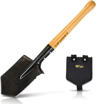 Pelle Bêche de Jardinage en Acier Multifonction – Pelle de Jardin, Camping, Survie et Détection de Métaux, Manche en Bois, Housse Incluse, Bêche Militaire US, Lame 15,5 cm, 56 cm, 750 g, Xforst FS1